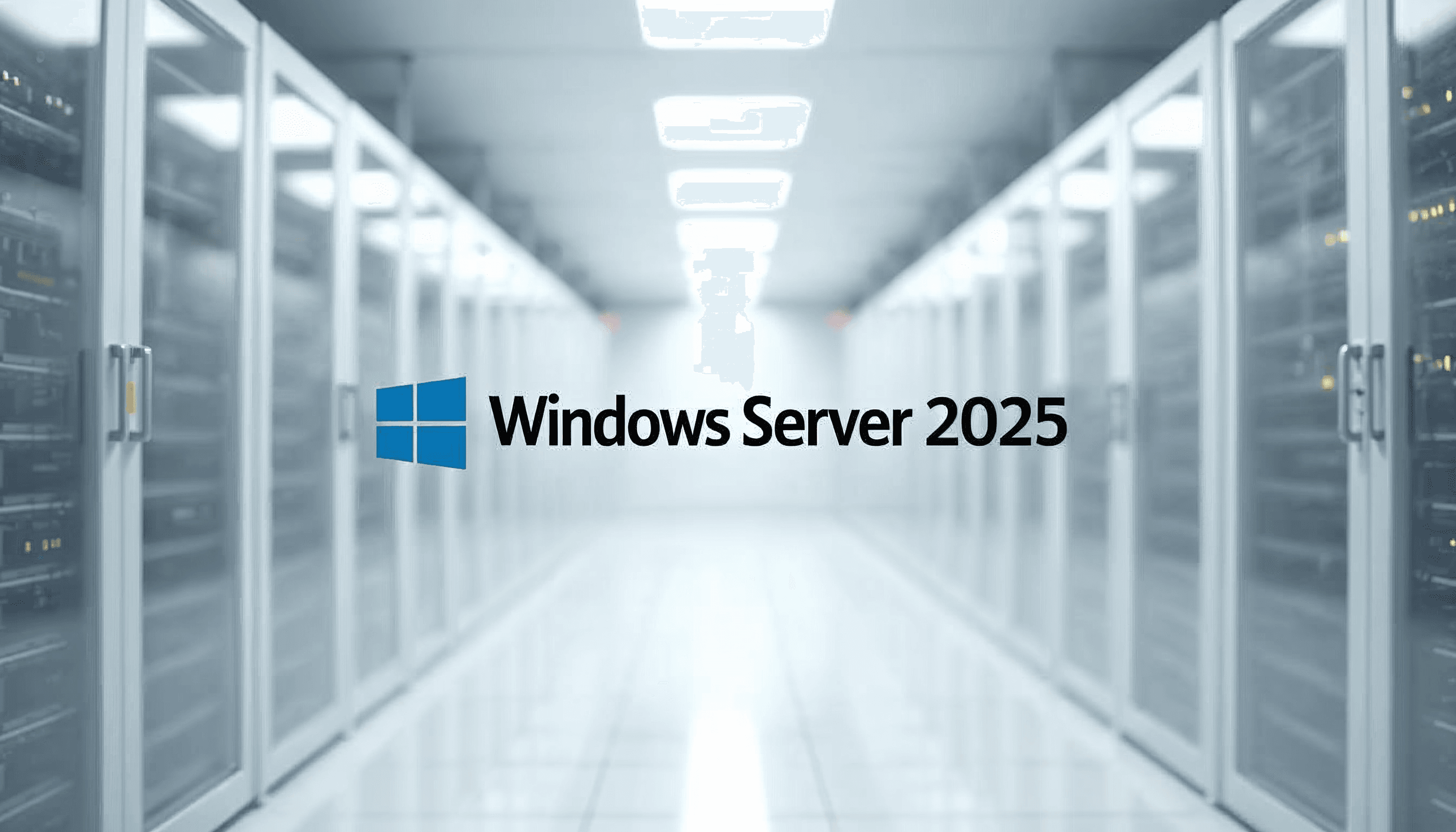 Windows Server 2025 text with the Microsoft Logo and a white datacenter in the background